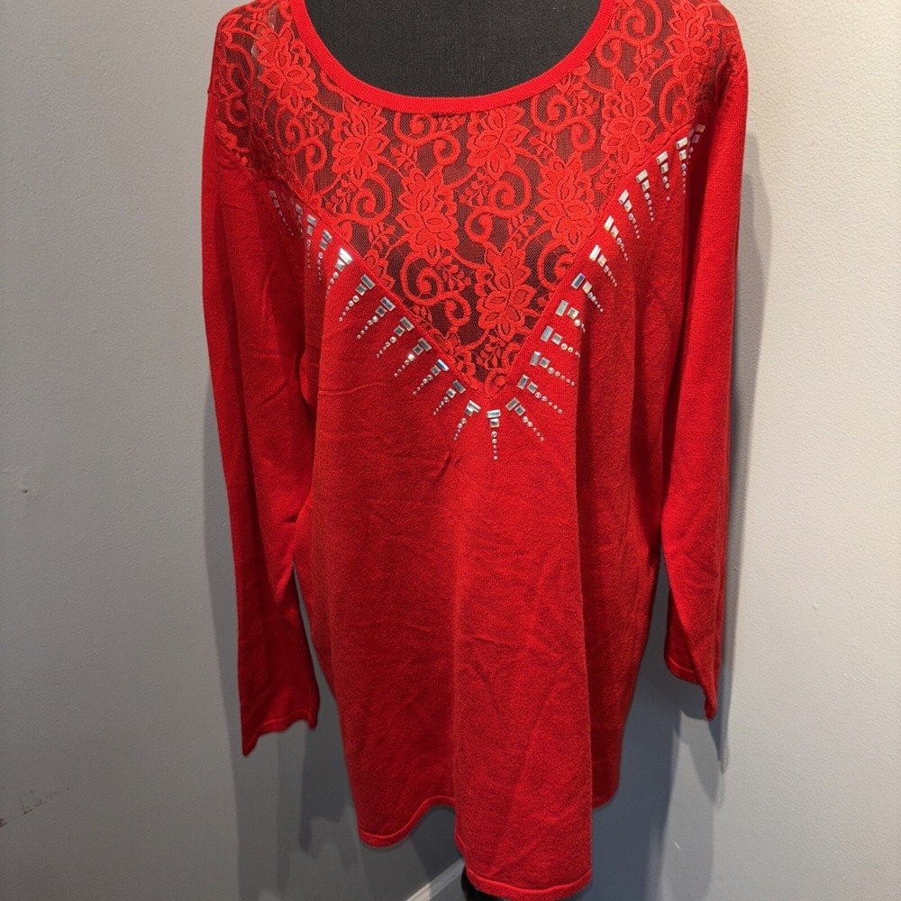 Womens Blouse Red‎ Lace Bodice Studded Embellishments Long Sleeve Size 3XL